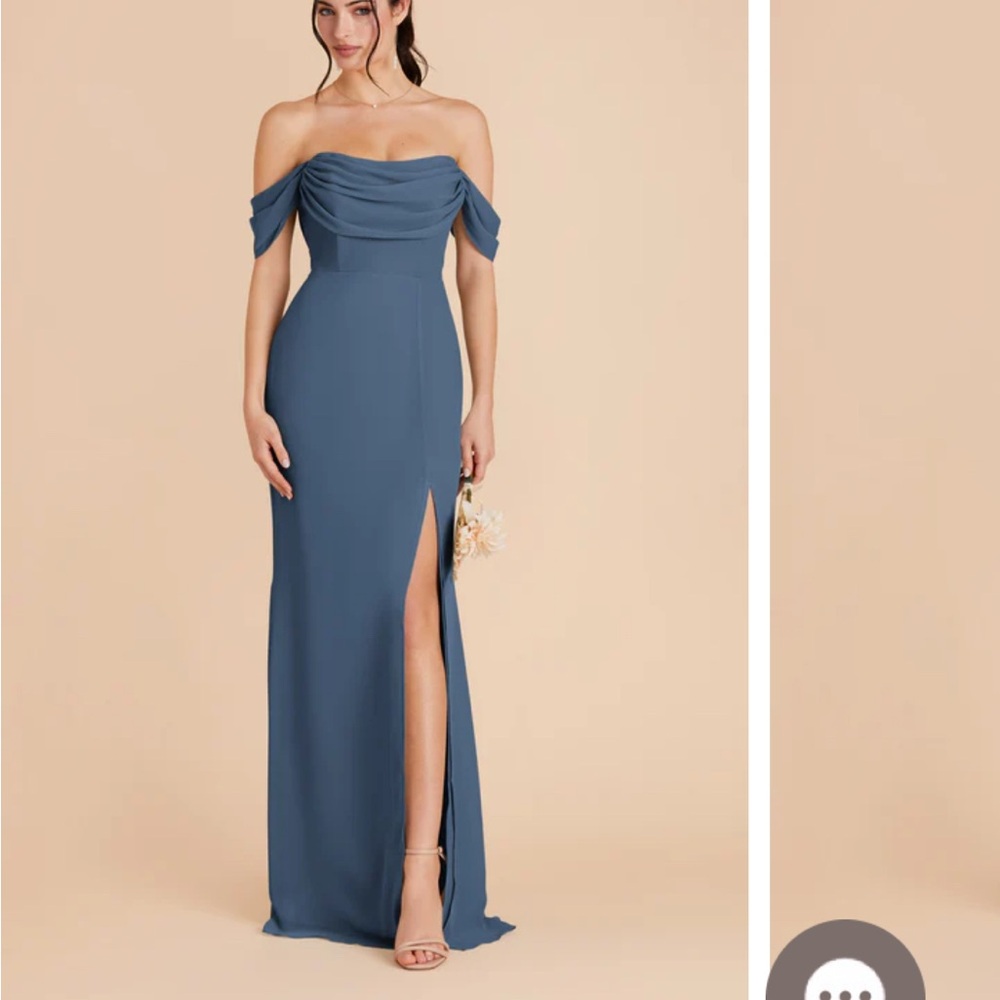 Birdy Grey Blue Off-Shoulder Gown with Slit for Weddings